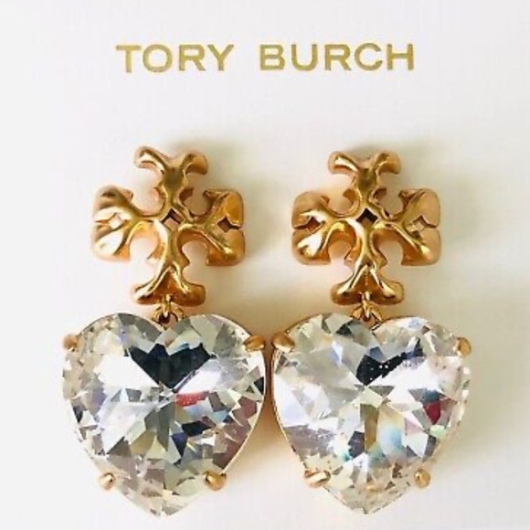Tory Burch Gold and Sparkling Silver Stone Heart Earrings - Picture 1 of 9